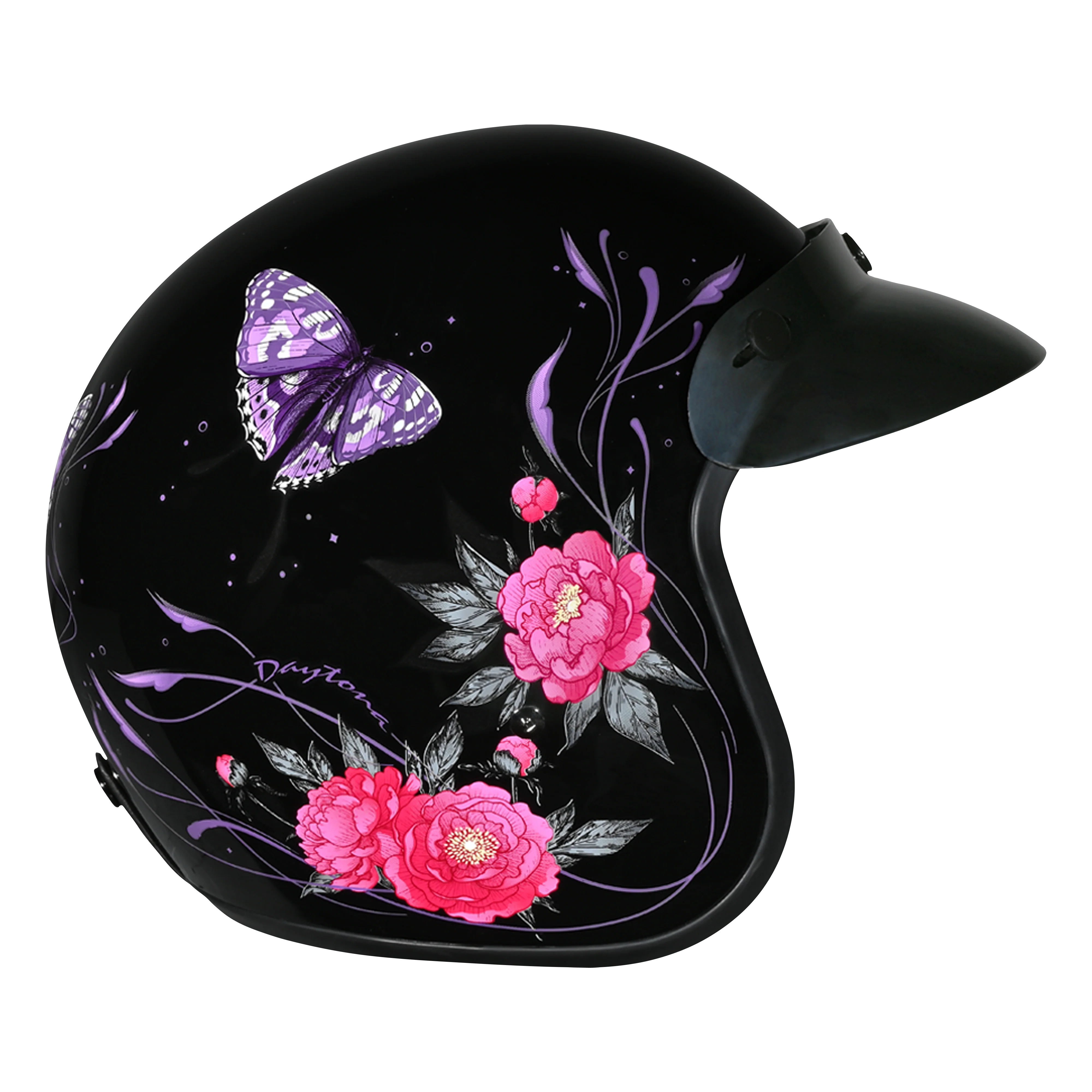 DOT Approved Daytona Cruiser Open Face Motorcycle Helmet - Men, Women & Youth - With Visor & Graphics - W/ Butterfly - Image 3