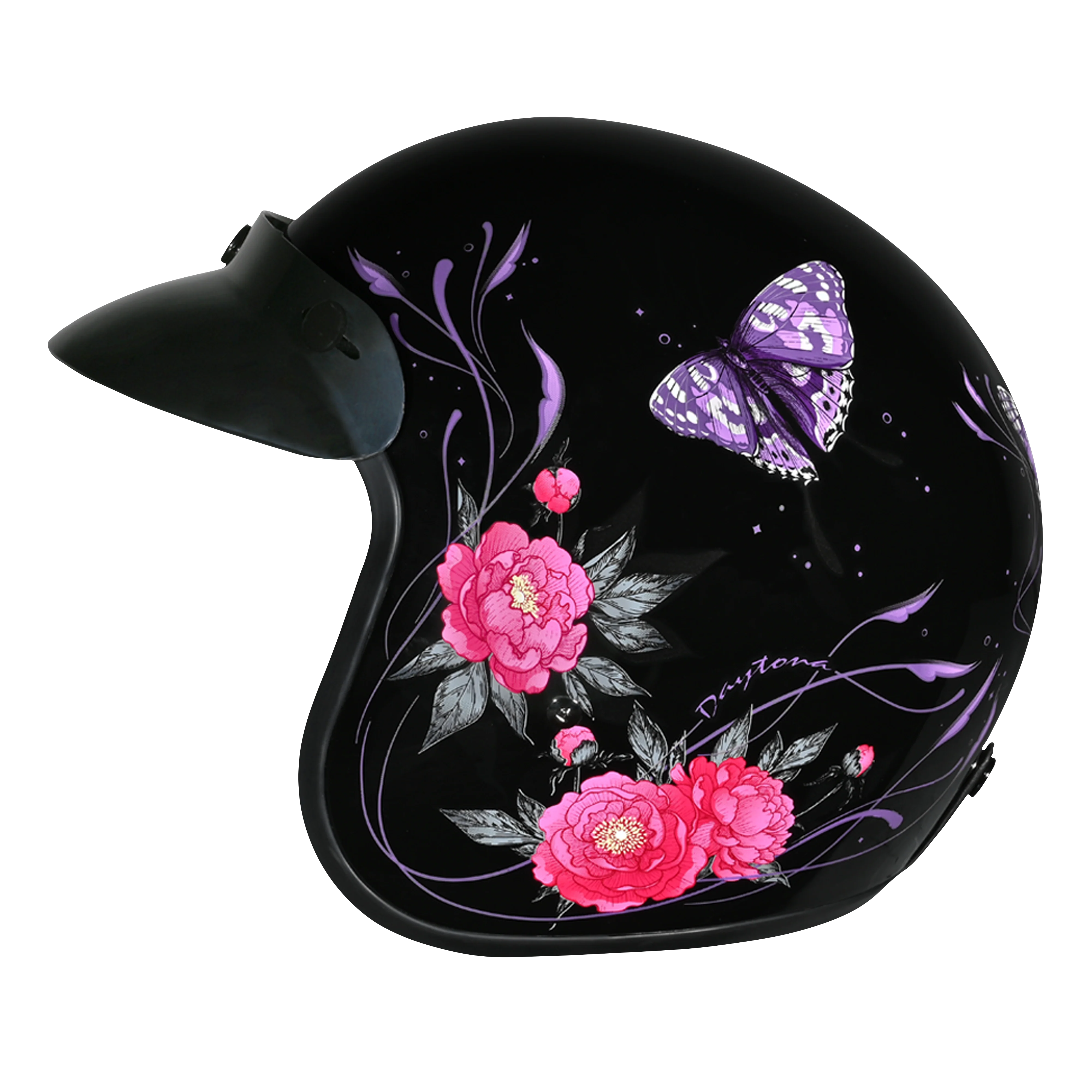 DOT Approved Daytona Cruiser Open Face Motorcycle Helmet - Men, Women & Youth - With Visor & Graphics - W/ Butterfly - Image 5