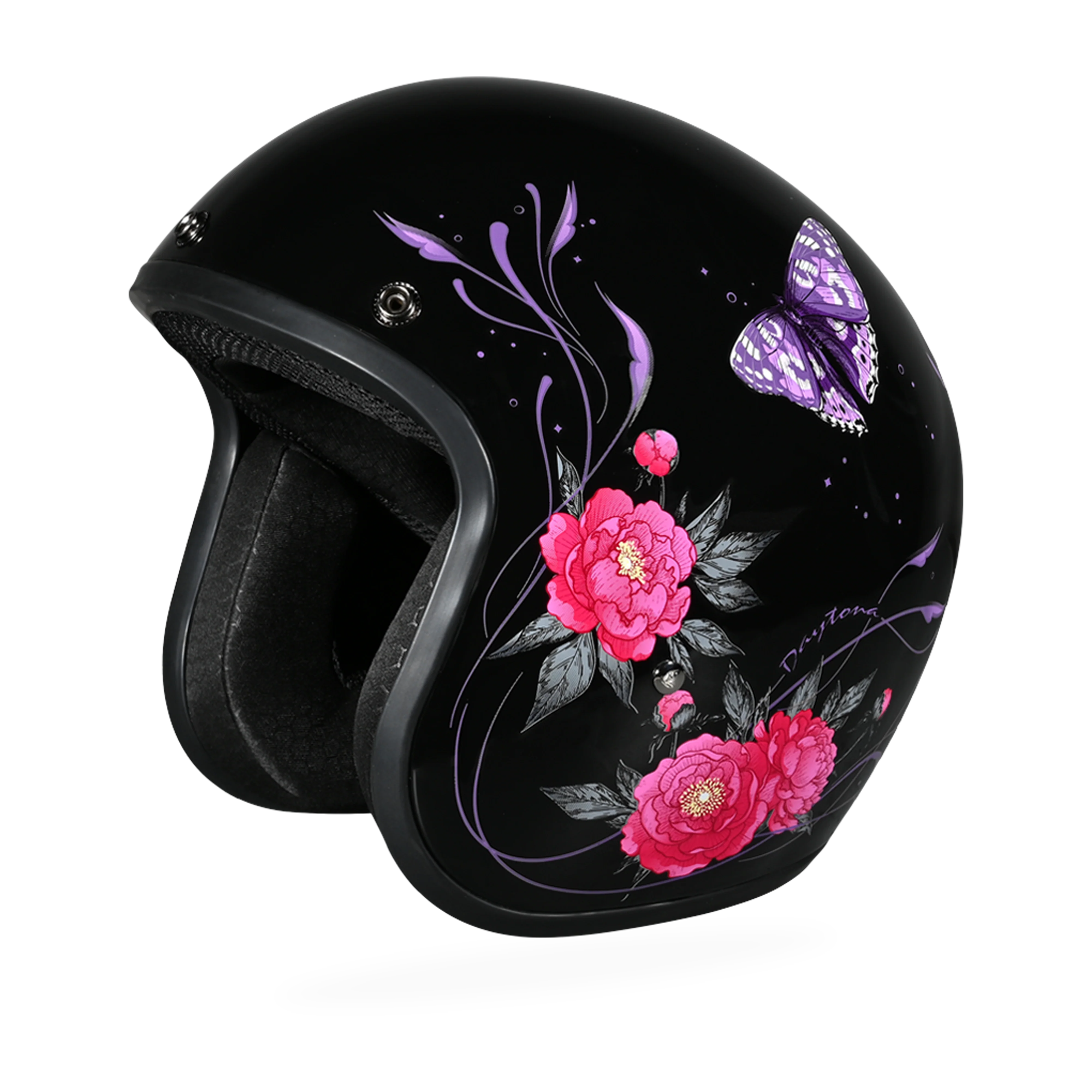 DOT Approved Daytona Cruiser Open Face Motorcycle Helmet - Men, Women & Youth - With Visor & Graphics - W/ Butterfly - Image 6