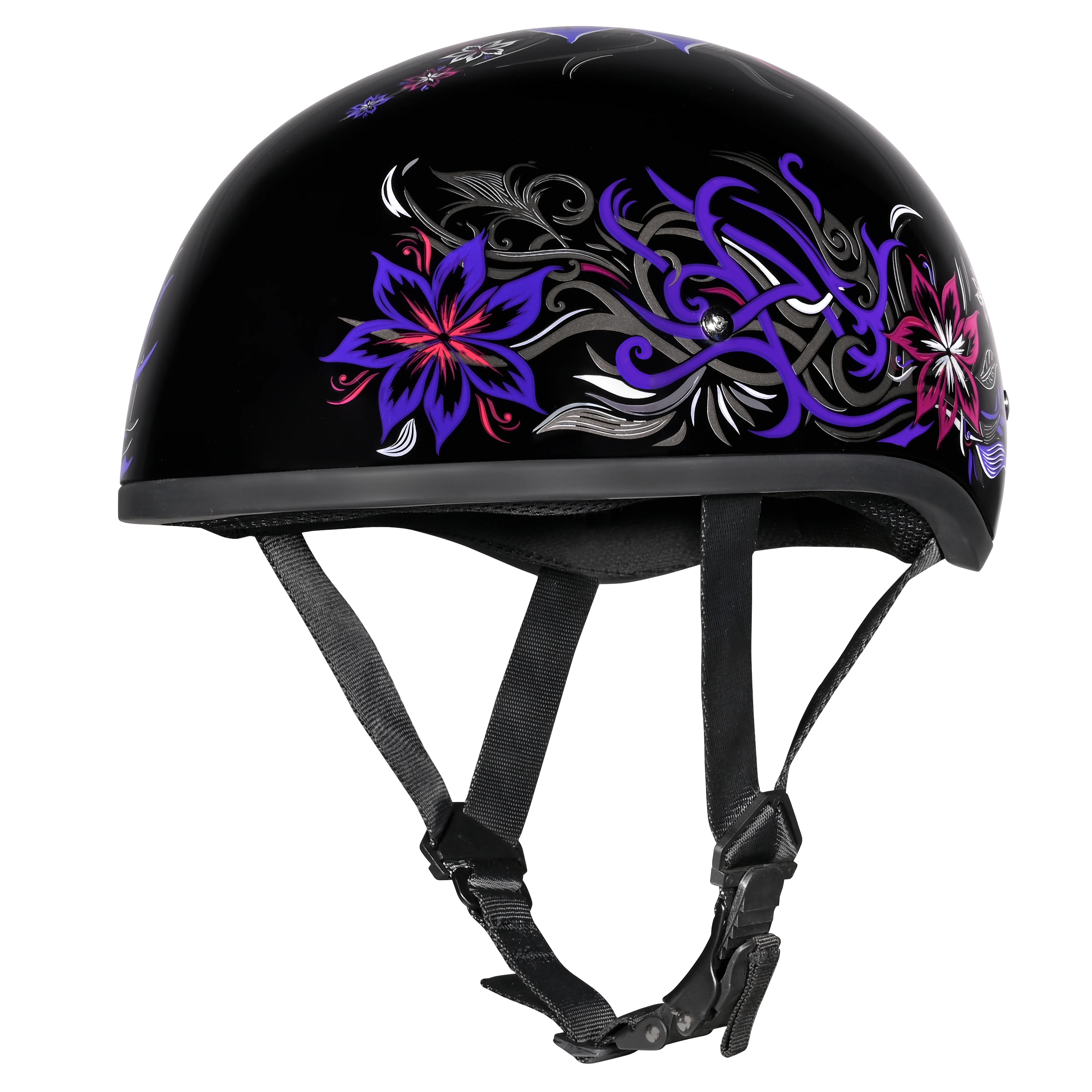 DOT Approved Daytona Motorcycle Half Face Helmet - Skull Cap Graphics for Men & Women, Scooters, ATVs, UTVs & Choppers - W/ Flowers